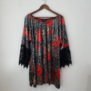 Ali Miles Velour Top 3/4 Sleeve sz 2X Dark Floral Romantic Black Lace Whimsigoth